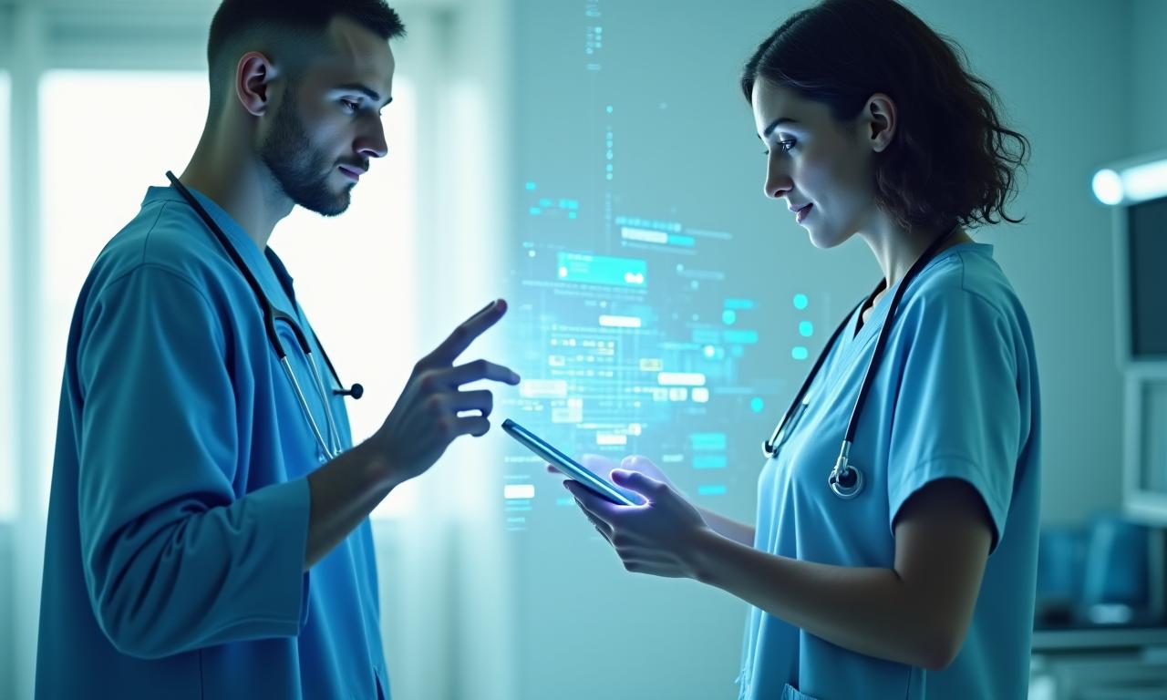 未来的な医療技術と人が触れ合う画像